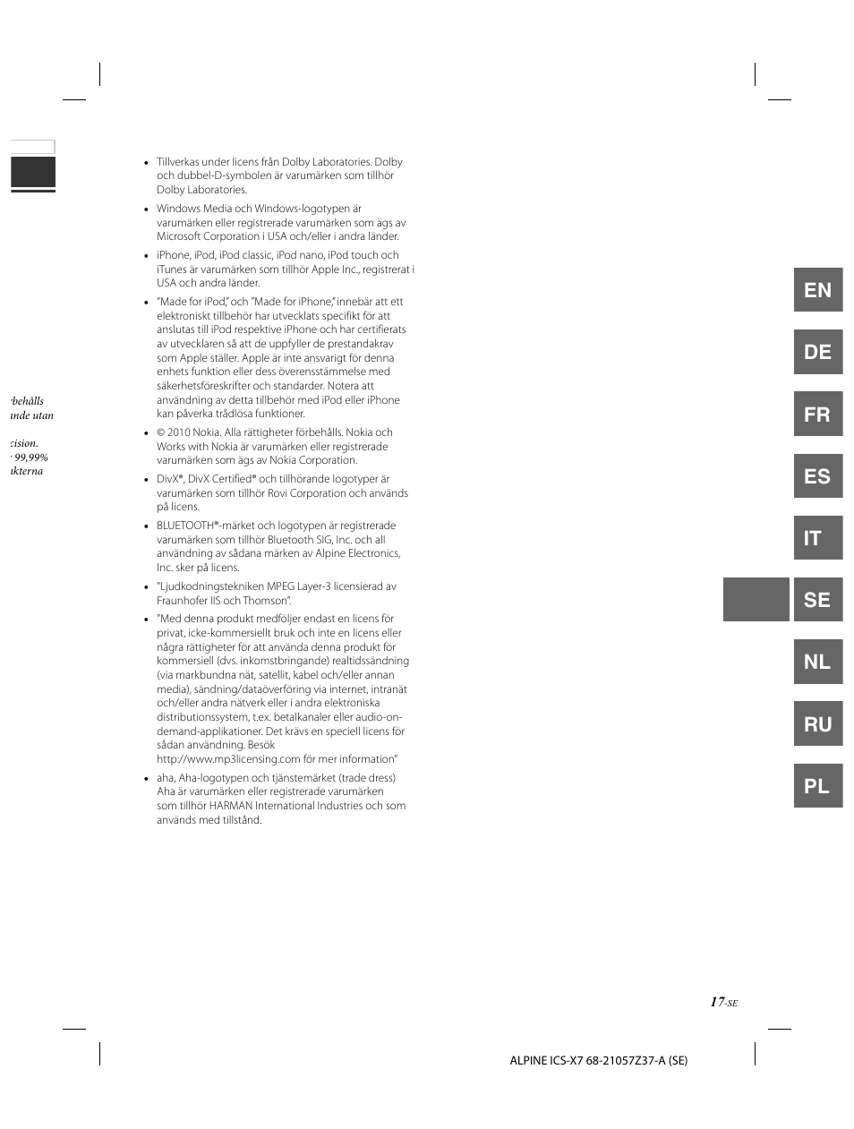 En de fr es it se nl ru pl | Alpine ICS-X7 User Manual | Page 109 / 164