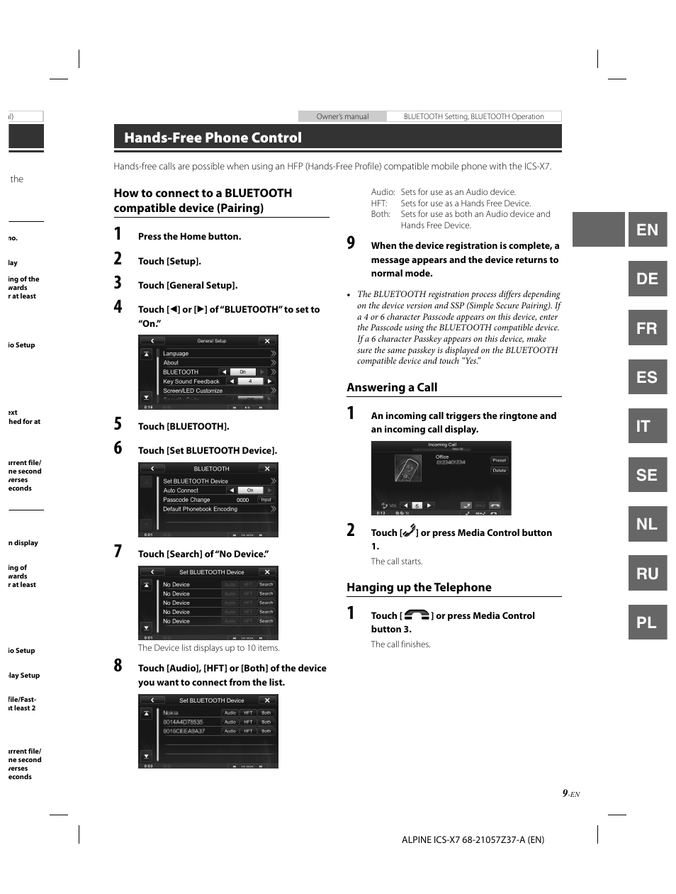 En de fr es it se nl ru pl, Hands-free phone control | Alpine ICS-X7 User Manual | Page 11 / 164