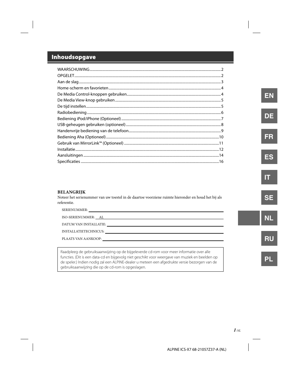 En de fr es it se nl ru pl, Inhoudsopgave | Alpine ICS-X7 User Manual | Page 111 / 164