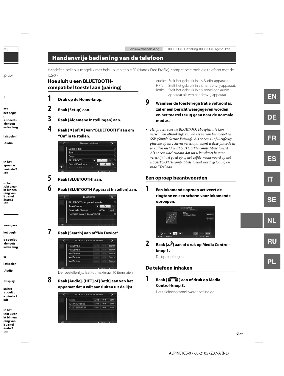 En de fr es it se nl ru pl, Handenvrije bediening van de telefoon | Alpine ICS-X7 User Manual | Page 119 / 164