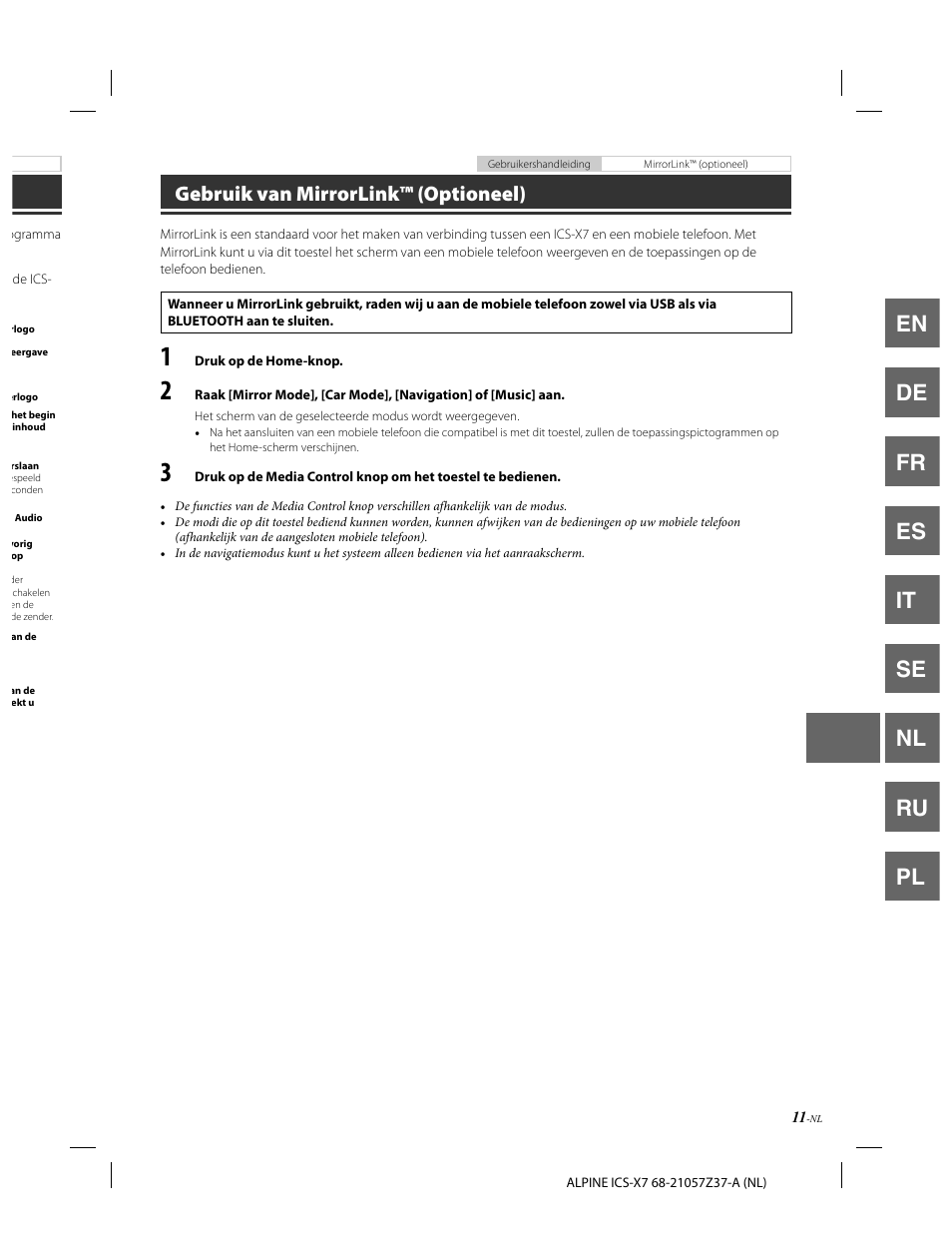 En de fr es it se nl ru pl, Gebruik van mirrorlink™ (optioneel) | Alpine ICS-X7 User Manual | Page 121 / 164