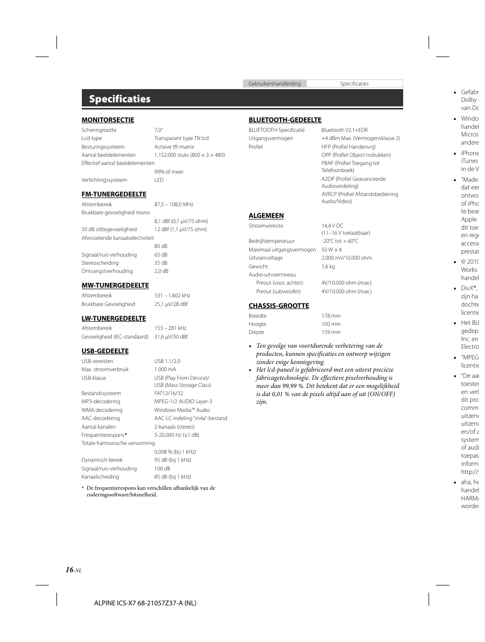 Specificaties | Alpine ICS-X7 User Manual | Page 126 / 164