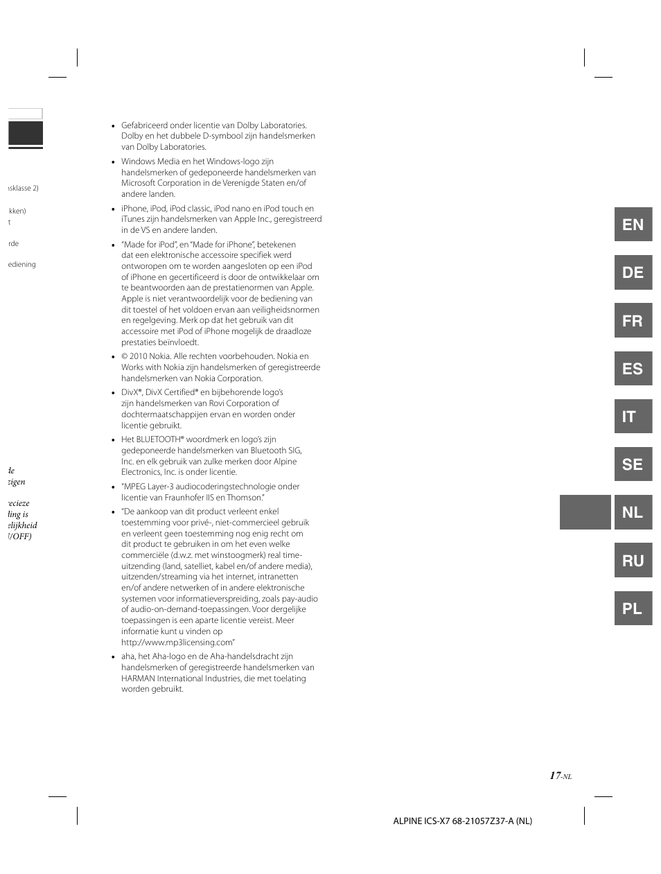 En de fr es it se nl ru pl | Alpine ICS-X7 User Manual | Page 127 / 164