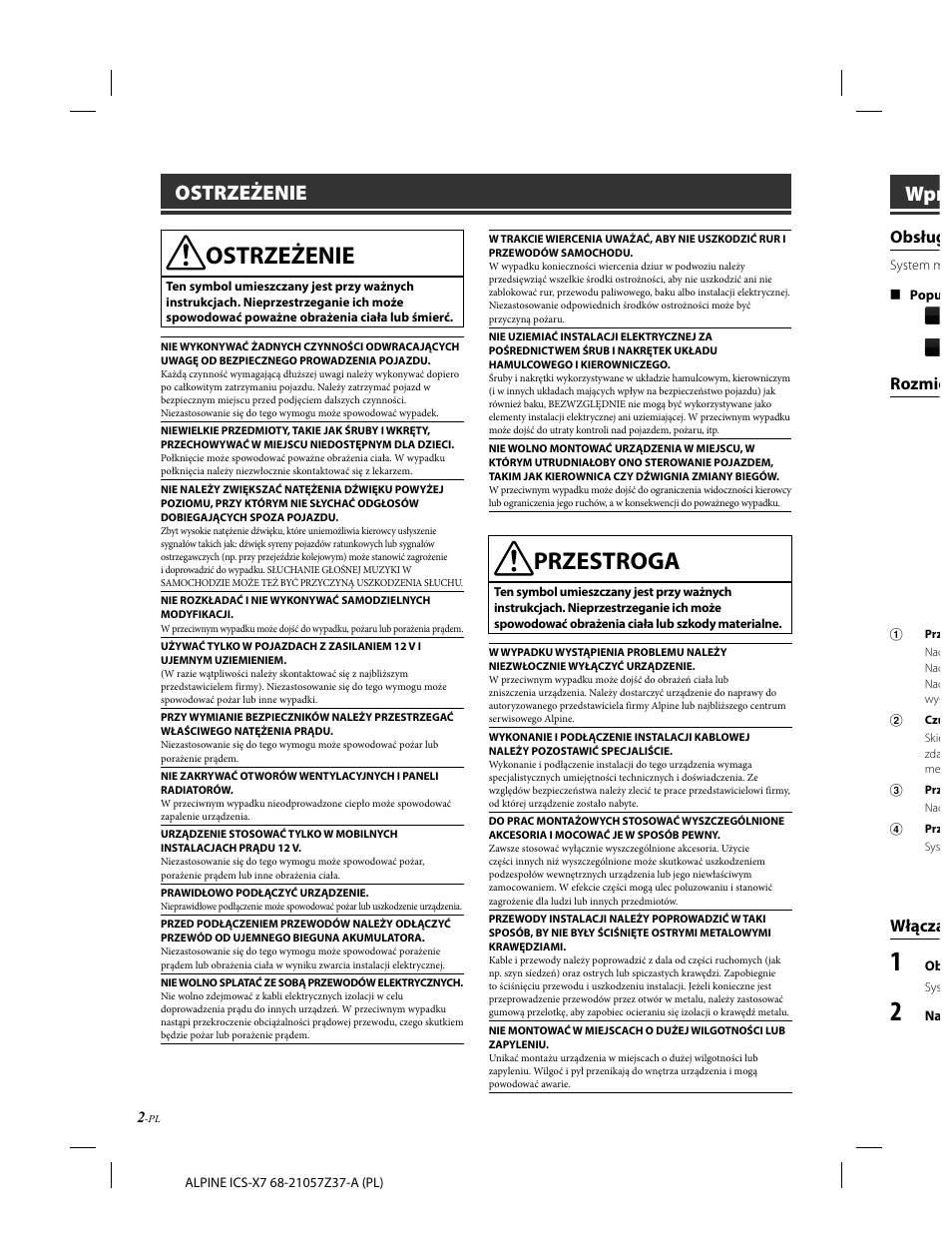 Przestroga, Ostrzeżenie, Obsług | Rozmie, Włącza | Alpine ICS-X7 User Manual | Page 148 / 164