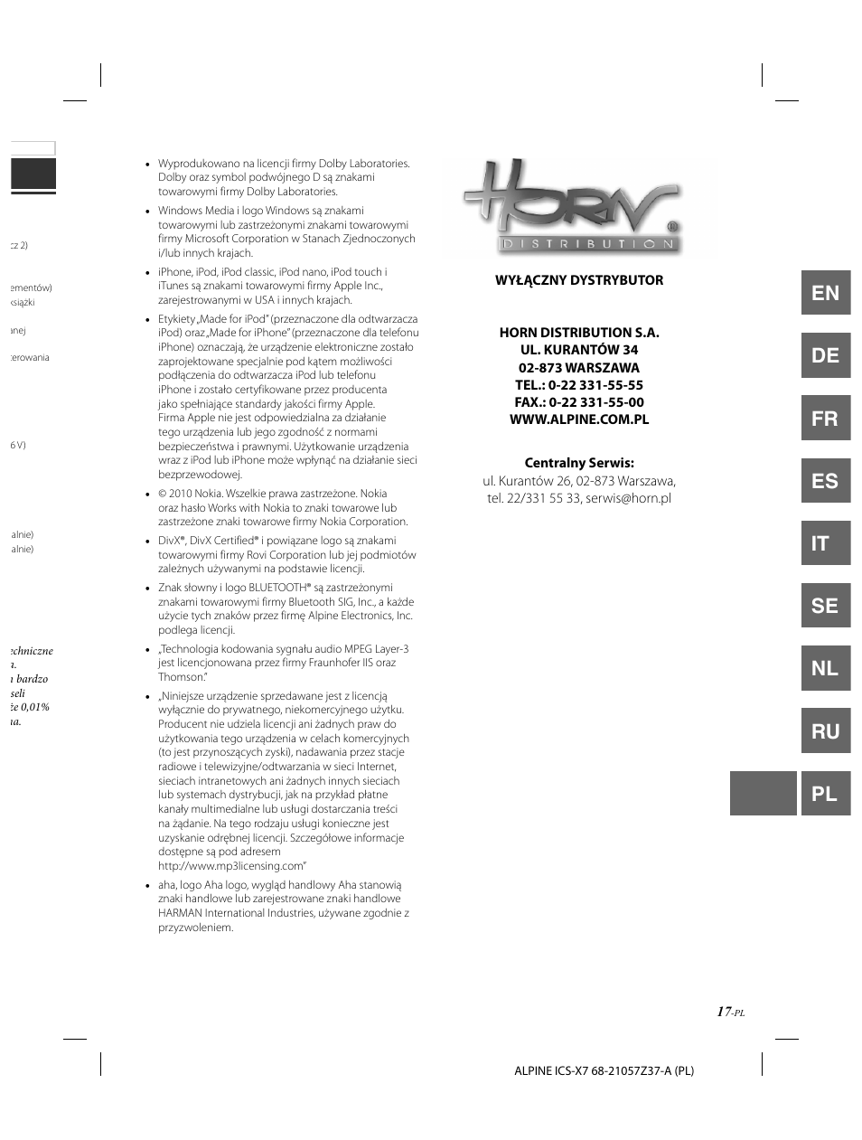 En de fr es it se nl ru pl | Alpine ICS-X7 User Manual | Page 163 / 164