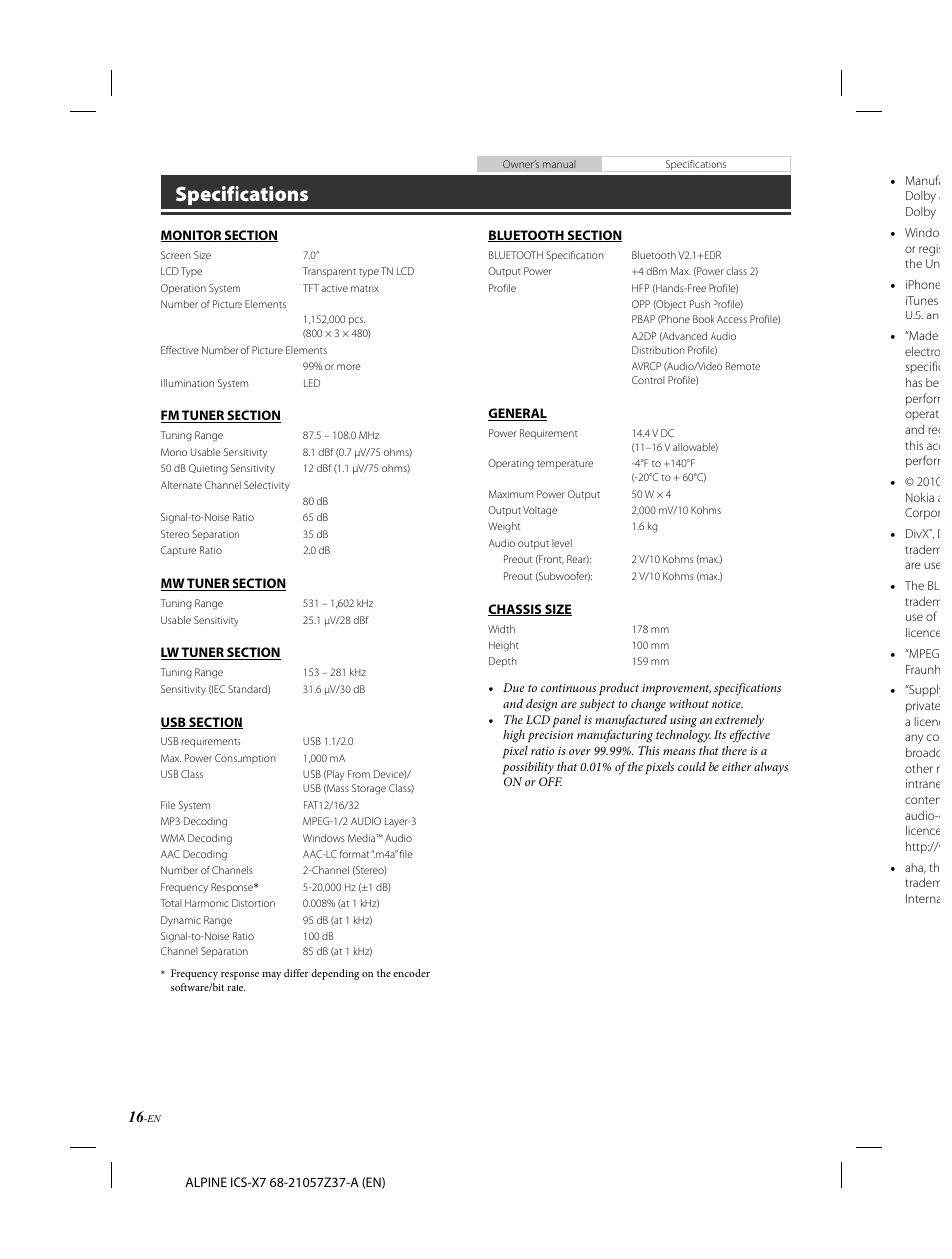 Specifications | Alpine ICS-X7 User Manual | Page 18 / 164