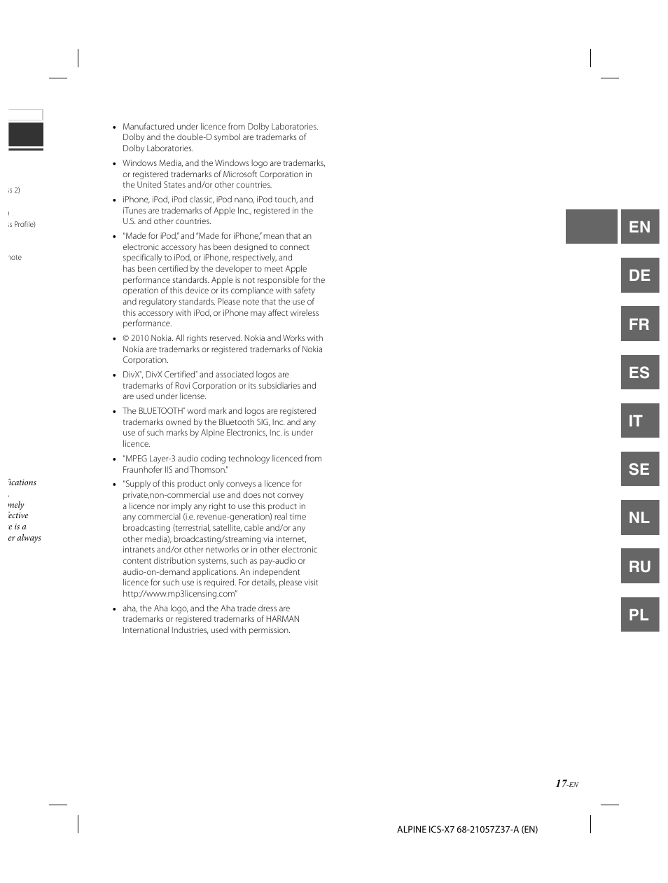 En de fr es it se nl ru pl | Alpine ICS-X7 User Manual | Page 19 / 164