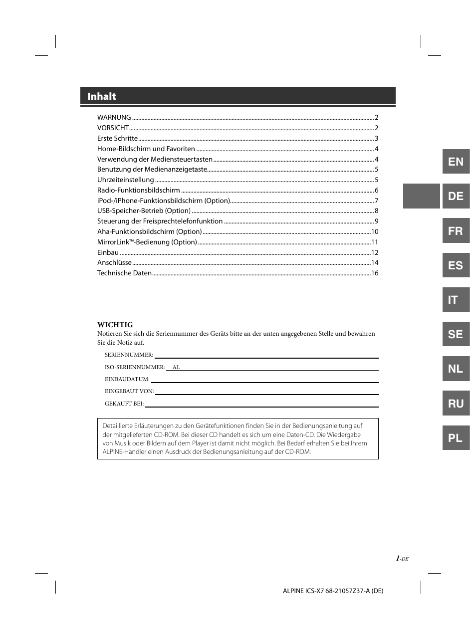 En de fr es it se nl ru pl, Inhalt | Alpine ICS-X7 User Manual | Page 21 / 164