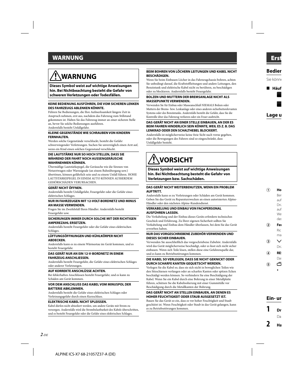 Vorsicht, Erst, Warnung | Bedien, Lage u, Ein- un | Alpine ICS-X7 User Manual | Page 22 / 164