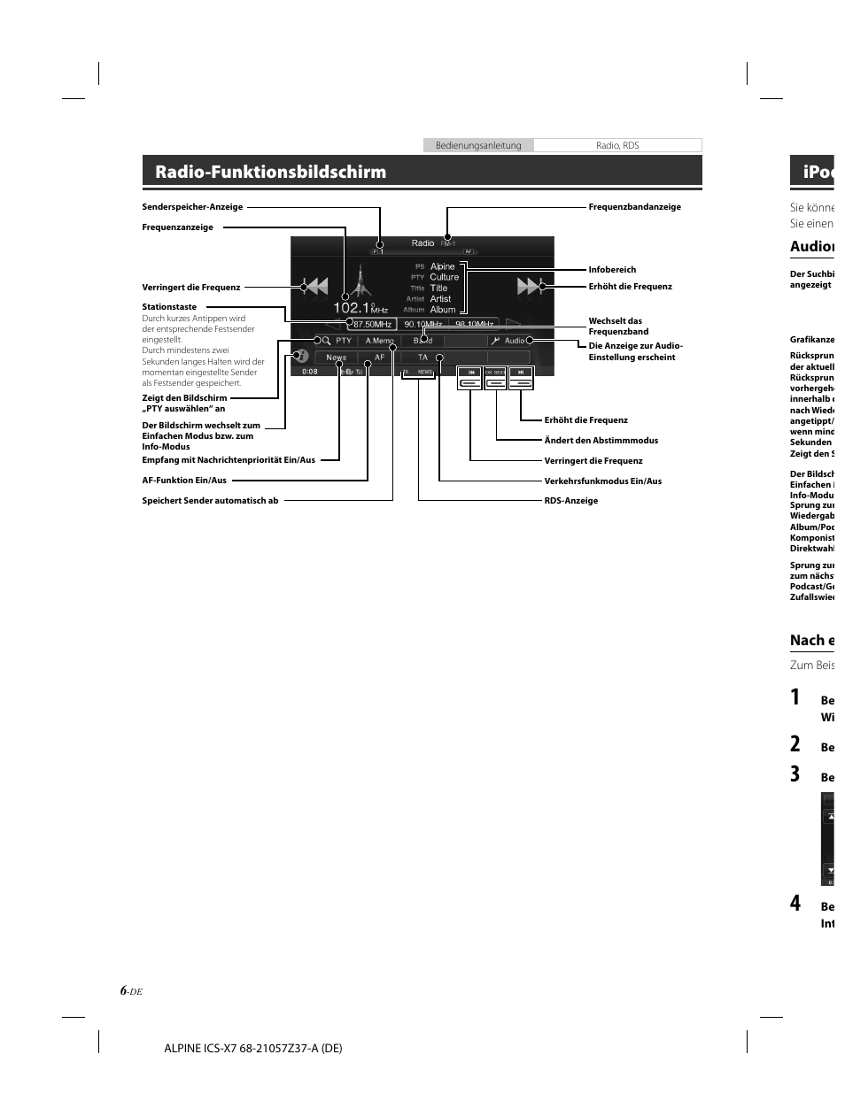 Radio-funktionsbildschirm, Ipod, Nach e | Audiom | Alpine ICS-X7 User Manual | Page 26 / 164