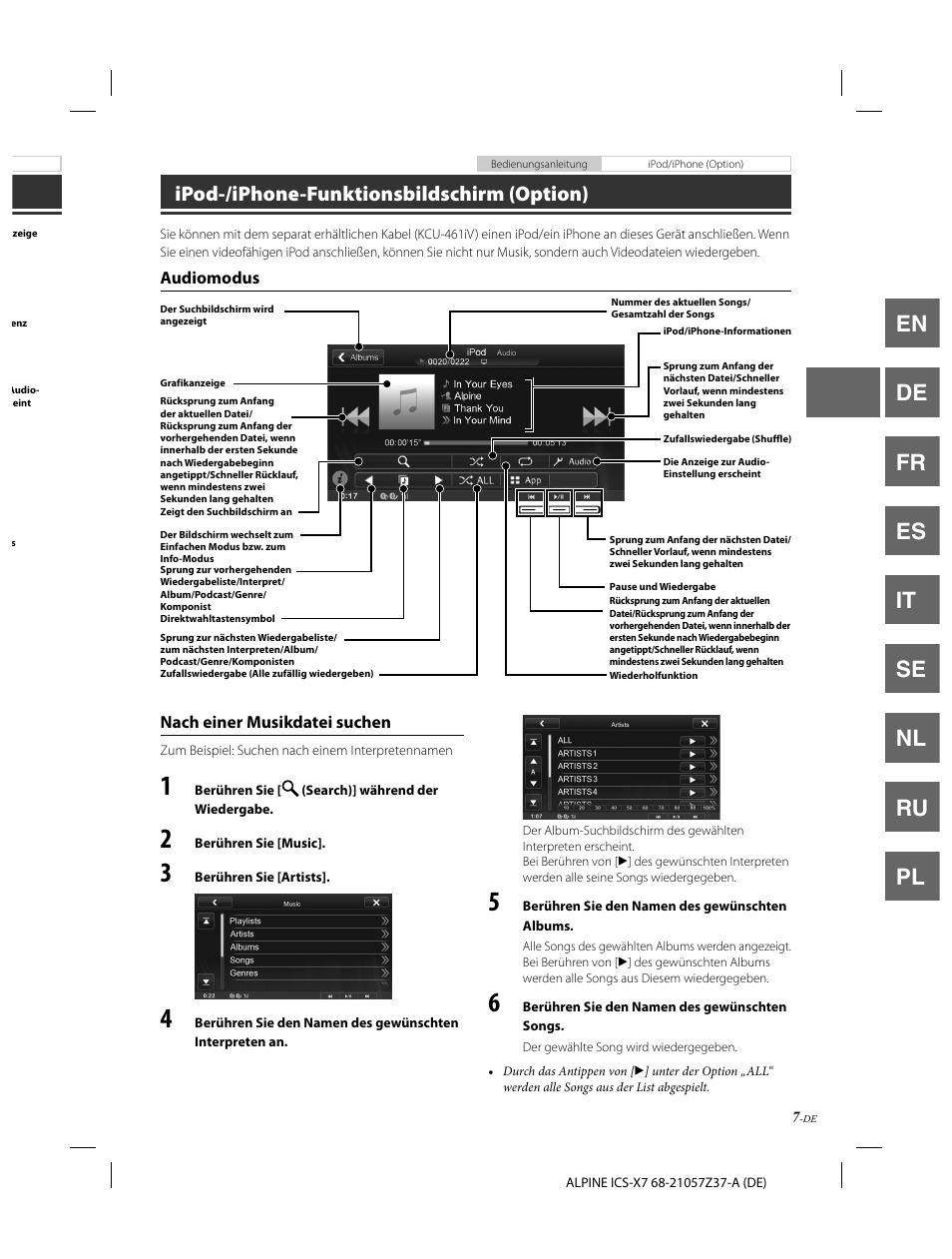 En de fr es it se nl ru pl, Ipod-/iphone-funktionsbildschirm (option) | Alpine ICS-X7 User Manual | Page 27 / 164