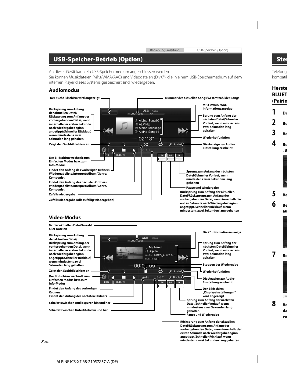 Usb-speicher-betrieb (option), Steu, Audiomodus | Herste bluet (pairin, Video-modus | Alpine ICS-X7 User Manual | Page 28 / 164