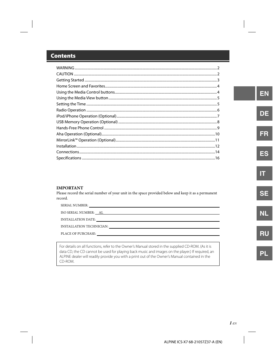 Alpine ICS-X7 User Manual | Page 3 / 164