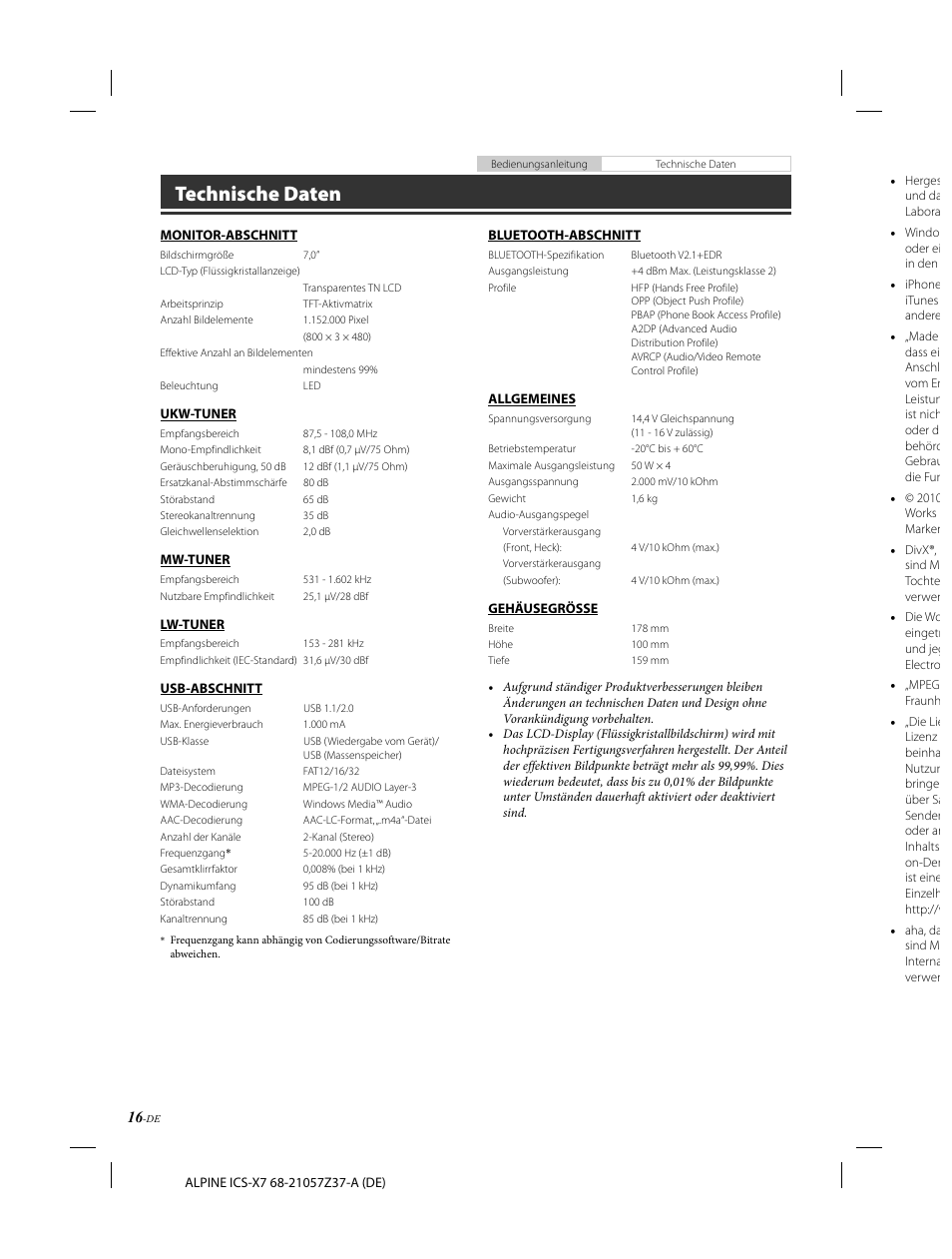 Technische daten | Alpine ICS-X7 User Manual | Page 36 / 164