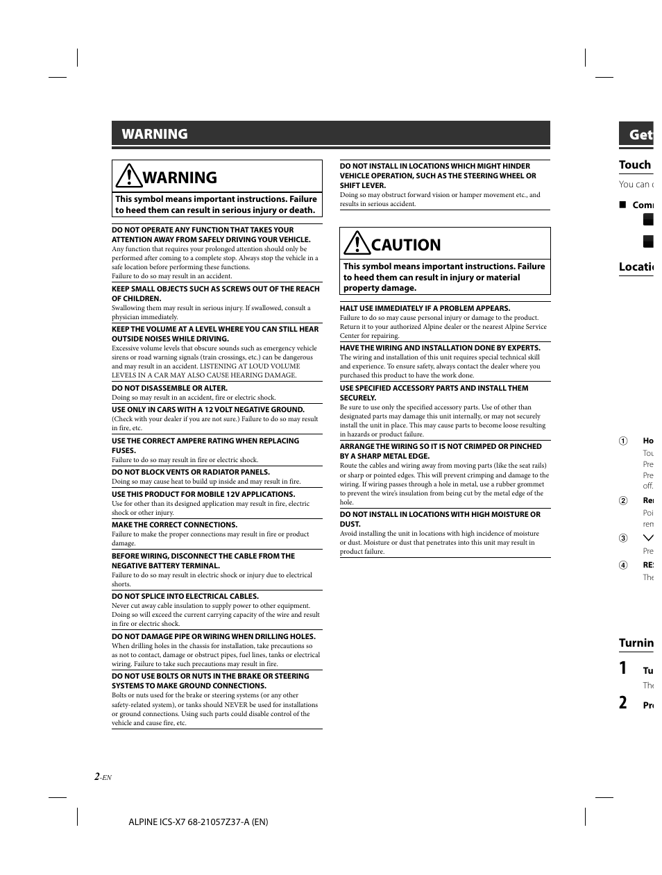Caution, Gett, Warning | Touch, Locatio, Turnin | Alpine ICS-X7 User Manual | Page 4 / 164