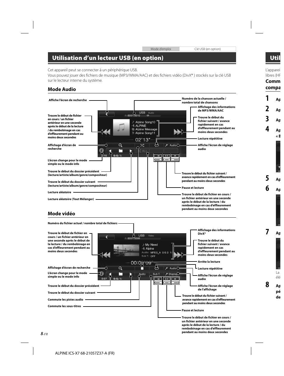 Utilisation d’un lecteur usb (en option), Util, Mode audio | Comm compa, Mode vidéo | Alpine ICS-X7 User Manual | Page 46 / 164