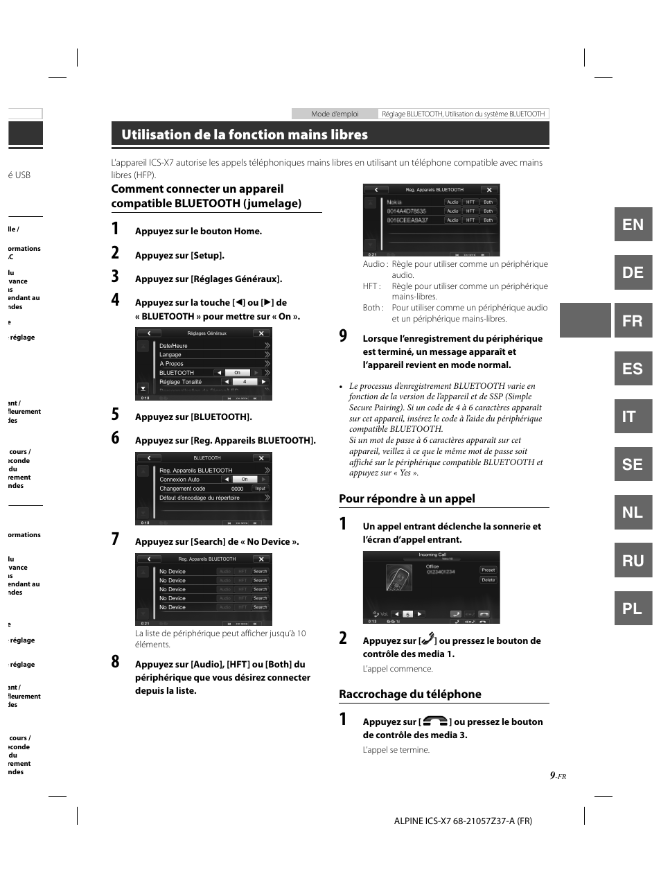 En de fr es it se nl ru pl, Utilisation de la fonction mains libres | Alpine ICS-X7 User Manual | Page 47 / 164