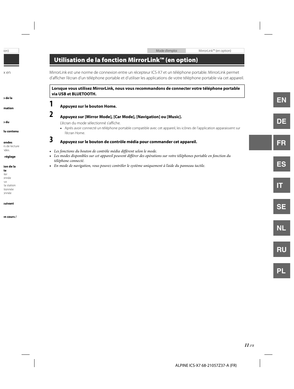 En de fr es it se nl ru pl, Utilisation de la fonction mirrorlink™ (en option) | Alpine ICS-X7 User Manual | Page 49 / 164