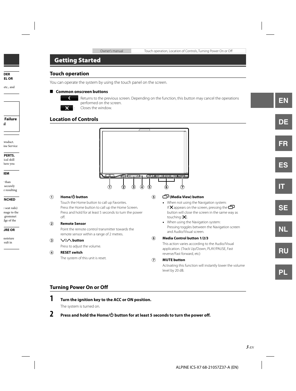 En de fr es it se nl ru pl, Getting started | Alpine ICS-X7 User Manual | Page 5 / 164