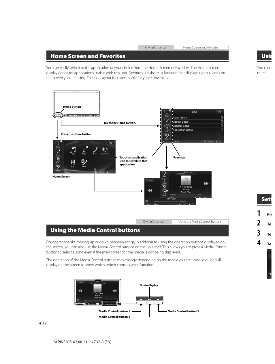 Home screen and favorites, Usin, Using the media control buttons | Sett | Alpine ICS-X7 User Manual | Page 6 / 164