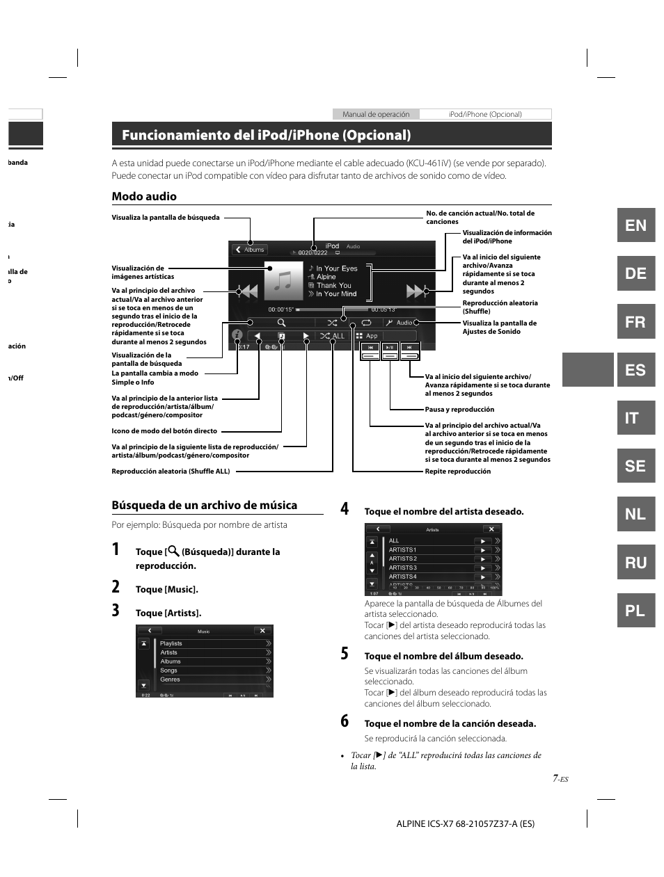 En de fr es it se nl ru pl, Funcionamiento del ipod/iphone (opcional) | Alpine ICS-X7 User Manual | Page 63 / 164