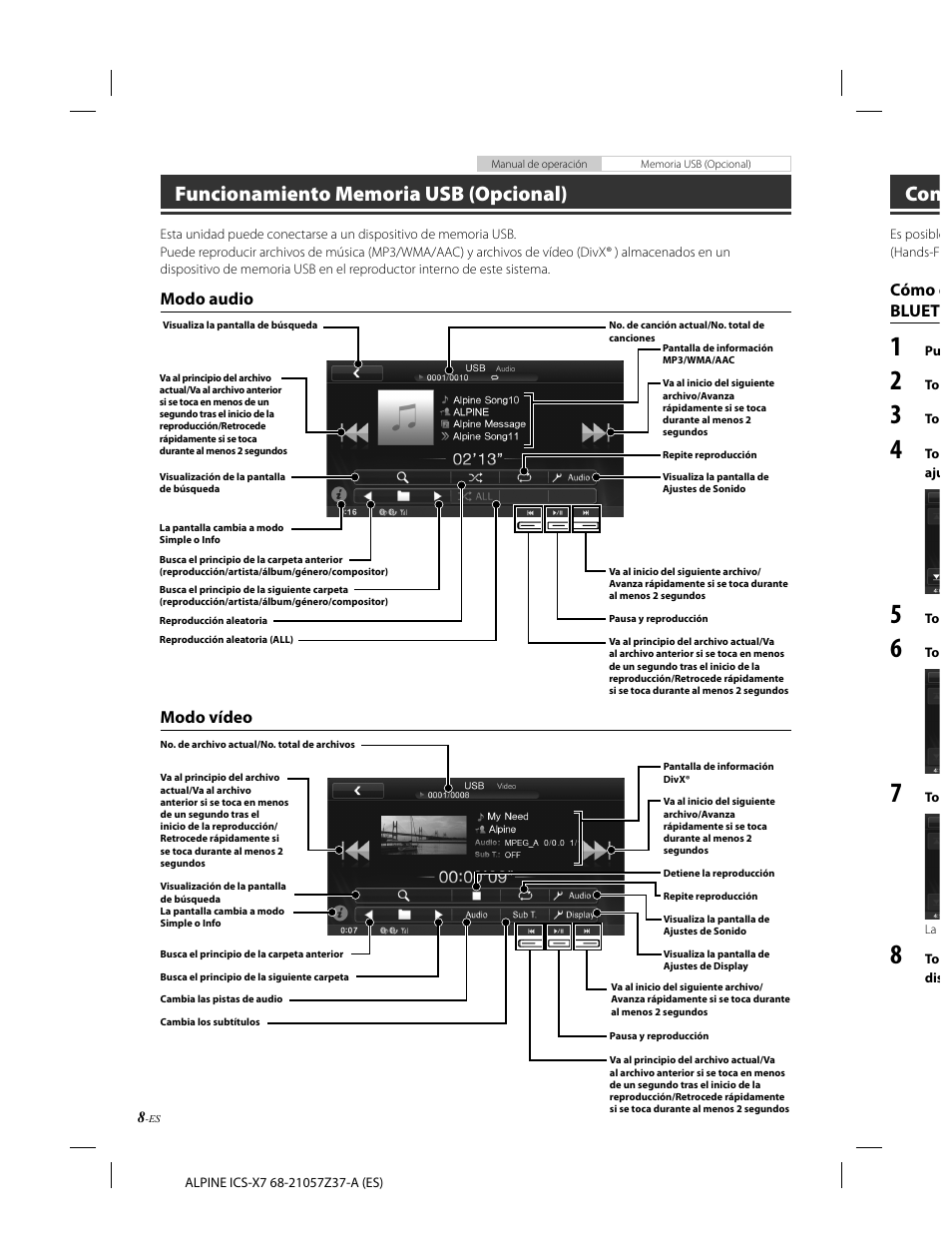 Modo audio, Modo vídeo, Cómo c bluet | Alpine ICS-X7 User Manual | Page 64 / 164