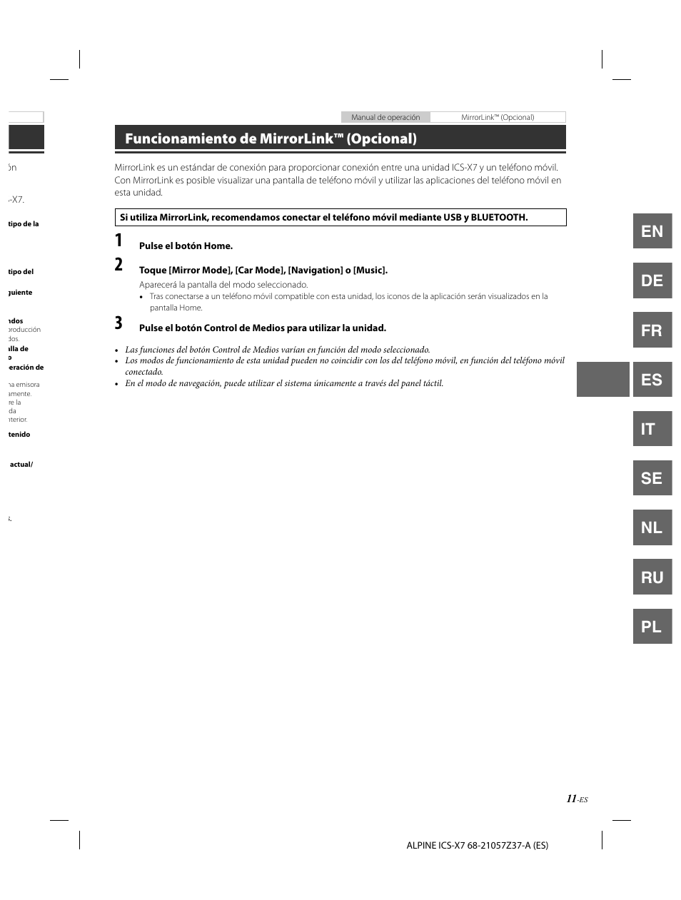 En de fr es it se nl ru pl, Funcionamiento de mirrorlink™ (opcional) | Alpine ICS-X7 User Manual | Page 67 / 164