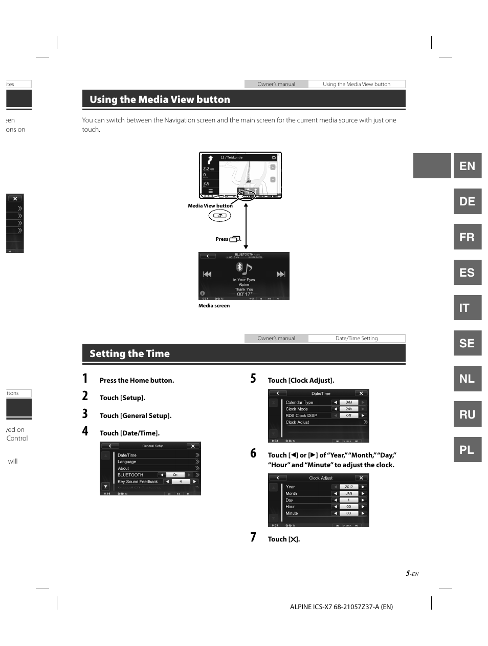 En de fr es it se nl ru pl, Using the media view button, Setting the time | Alpine ICS-X7 User Manual | Page 7 / 164