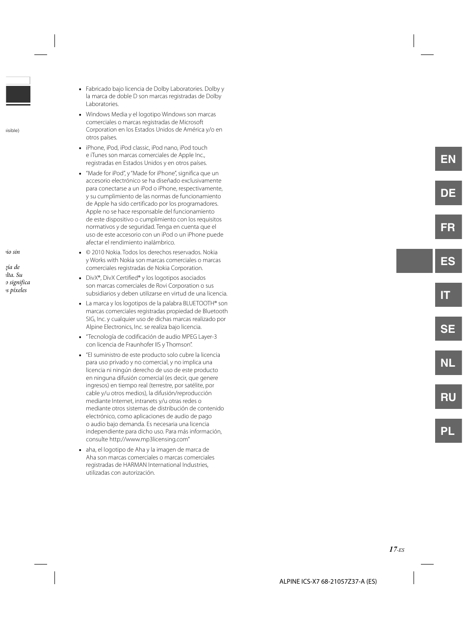 En de fr es it se nl ru pl | Alpine ICS-X7 User Manual | Page 73 / 164