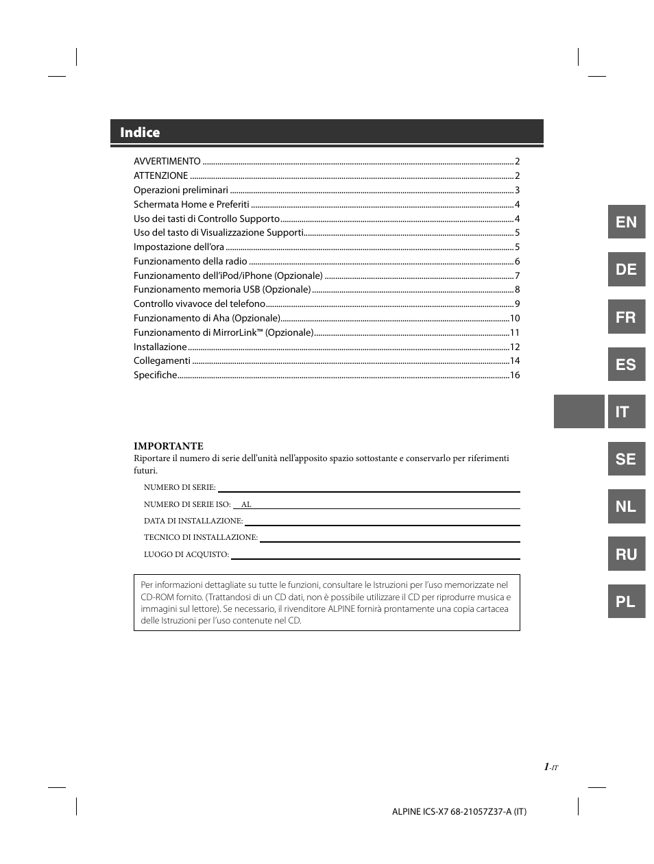 En de fr es it se nl ru pl, Indice | Alpine ICS-X7 User Manual | Page 75 / 164