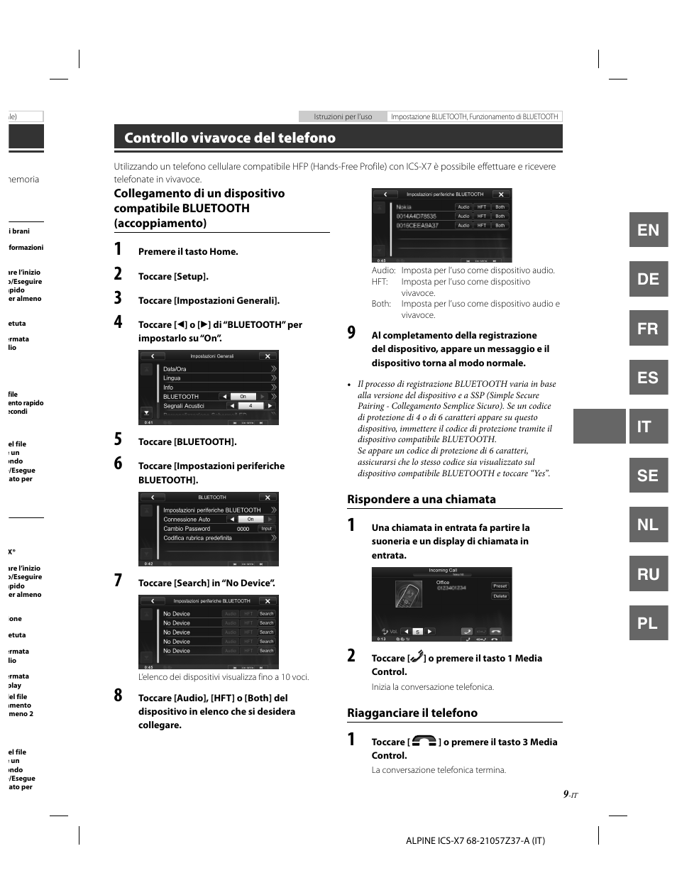 En de fr es it se nl ru pl, Controllo vivavoce del telefono | Alpine ICS-X7 User Manual | Page 83 / 164