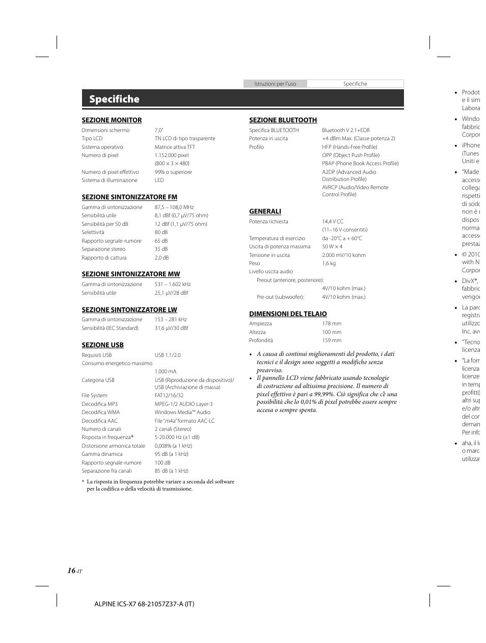 Specifiche | Alpine ICS-X7 User Manual | Page 90 / 164