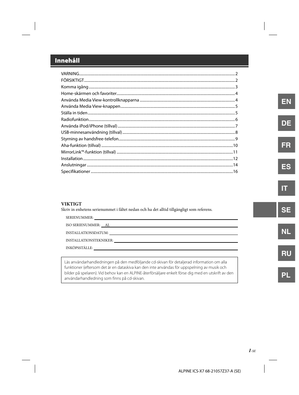 En de fr es it se nl ru pl, Innehåll | Alpine ICS-X7 User Manual | Page 93 / 164