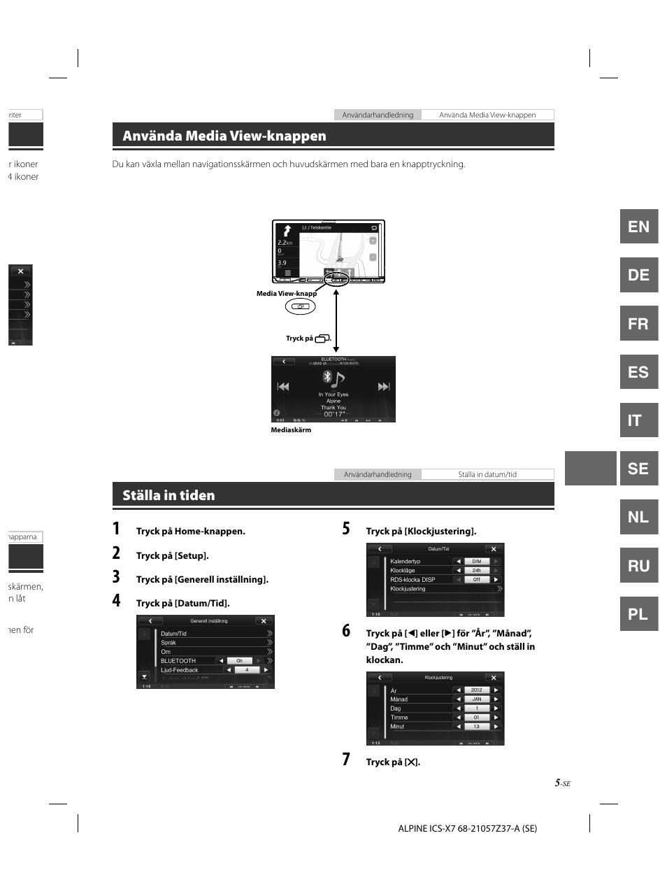 En de fr es it se nl ru pl, Använda media view-knappen, Ställa in tiden | Alpine ICS-X7 User Manual | Page 97 / 164