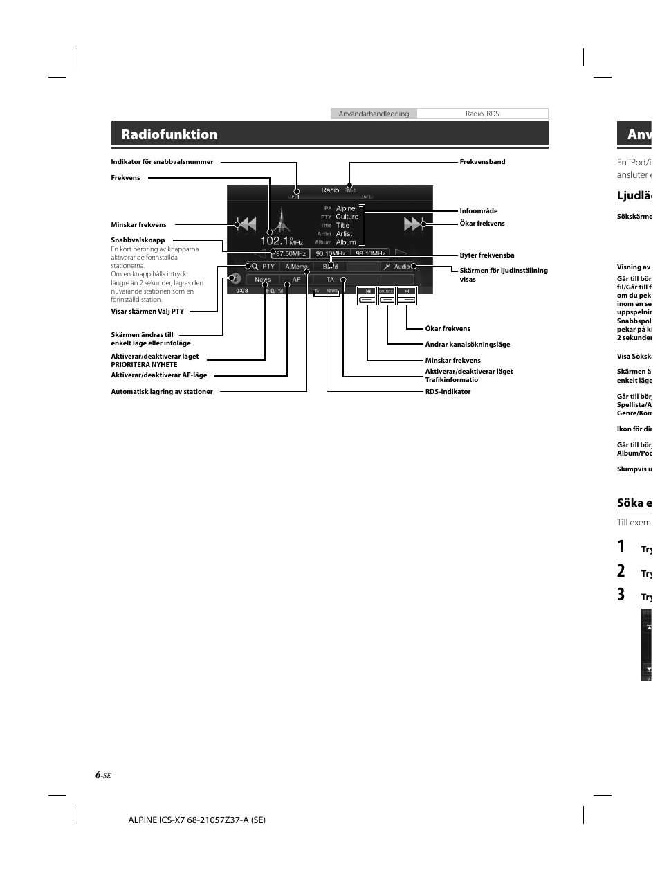 Radiofunktion, Söka e, Ljudläg | Alpine ICS-X7 User Manual | Page 98 / 164