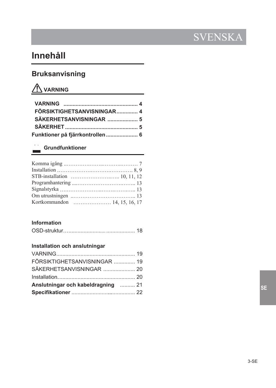 Svenska, Dati tecnici, Innehåll | Bruksanvisning, Hardware, Software | Alpine TUE-T150DV User Manual | Page 101 / 140