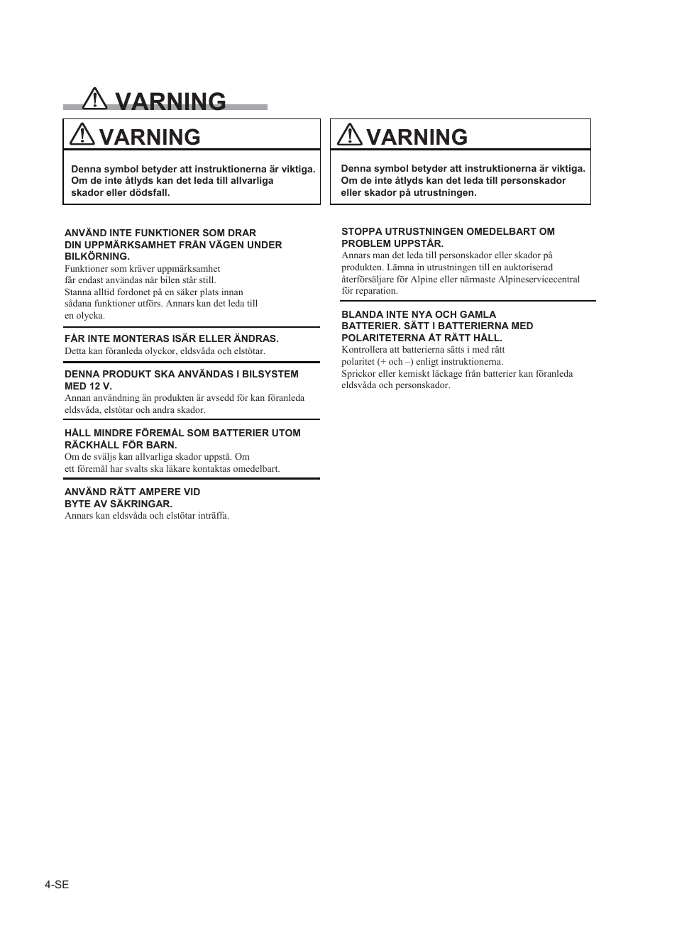 Försiktighets- anvisningar, Säkerhet, Varning | Alpine TUE-T150DV User Manual | Page 102 / 140