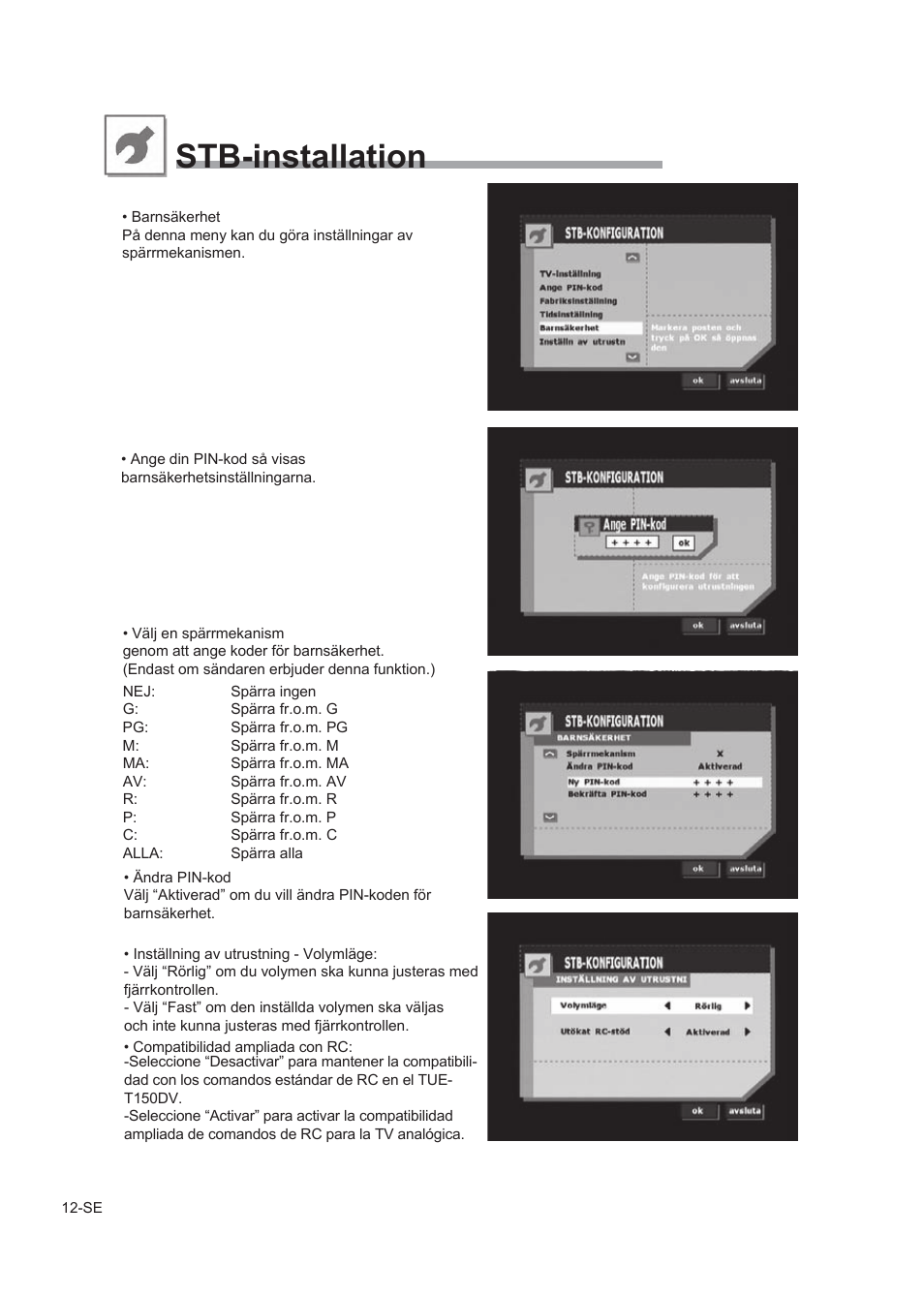 Programhantering signalstyrka om utrustningen, Stb-installation | Alpine TUE-T150DV User Manual | Page 110 / 140