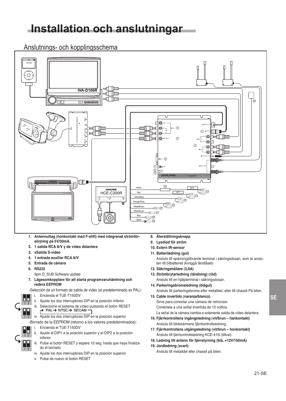 Installation och anslutningar, Anslutnings- och kopplingsschema, Försiktighetsanvisningar | Installation, Iva-d106r, Hce-c200r | Alpine TUE-T150DV User Manual | Page 119 / 140