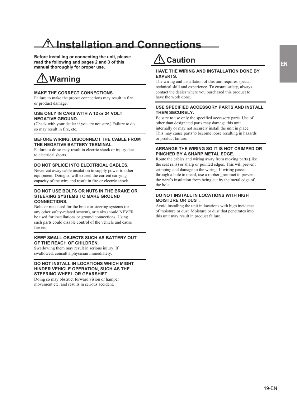 Installation and connections, Osd structure, Main menu | Warning, Caution, About box | Alpine TUE-T150DV User Manual | Page 17 / 140