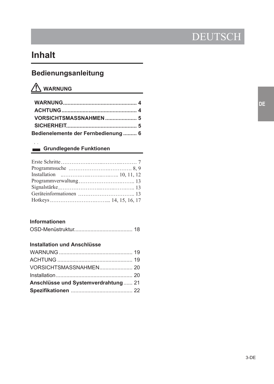 Deutsch, Specifications, Inhalt | Bedienungsanleitung, Hardware, Software | Alpine TUE-T150DV User Manual | Page 21 / 140