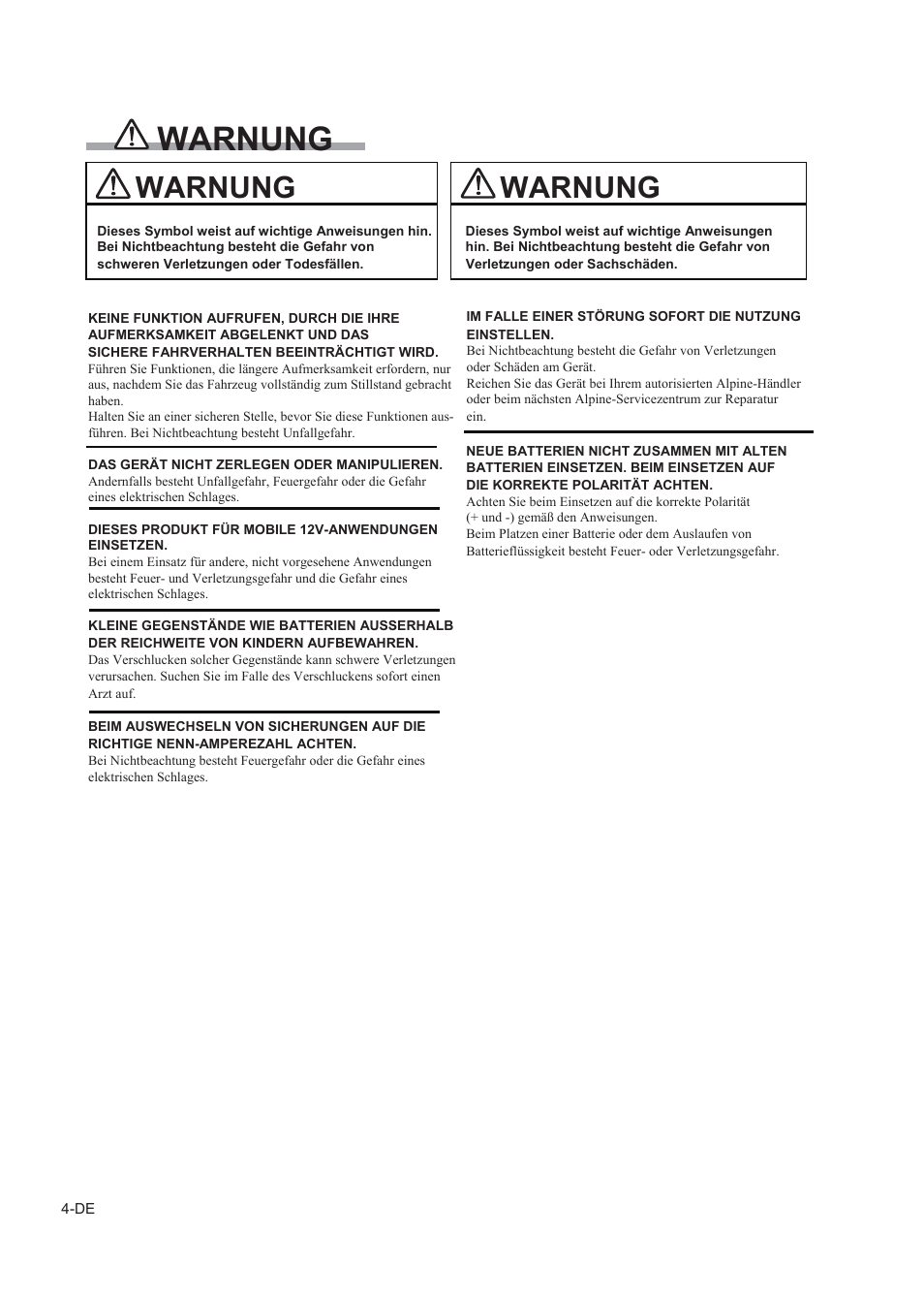 Vorsichts- massnahmen, Sicherheit, Warnung | Alpine TUE-T150DV User Manual | Page 22 / 140