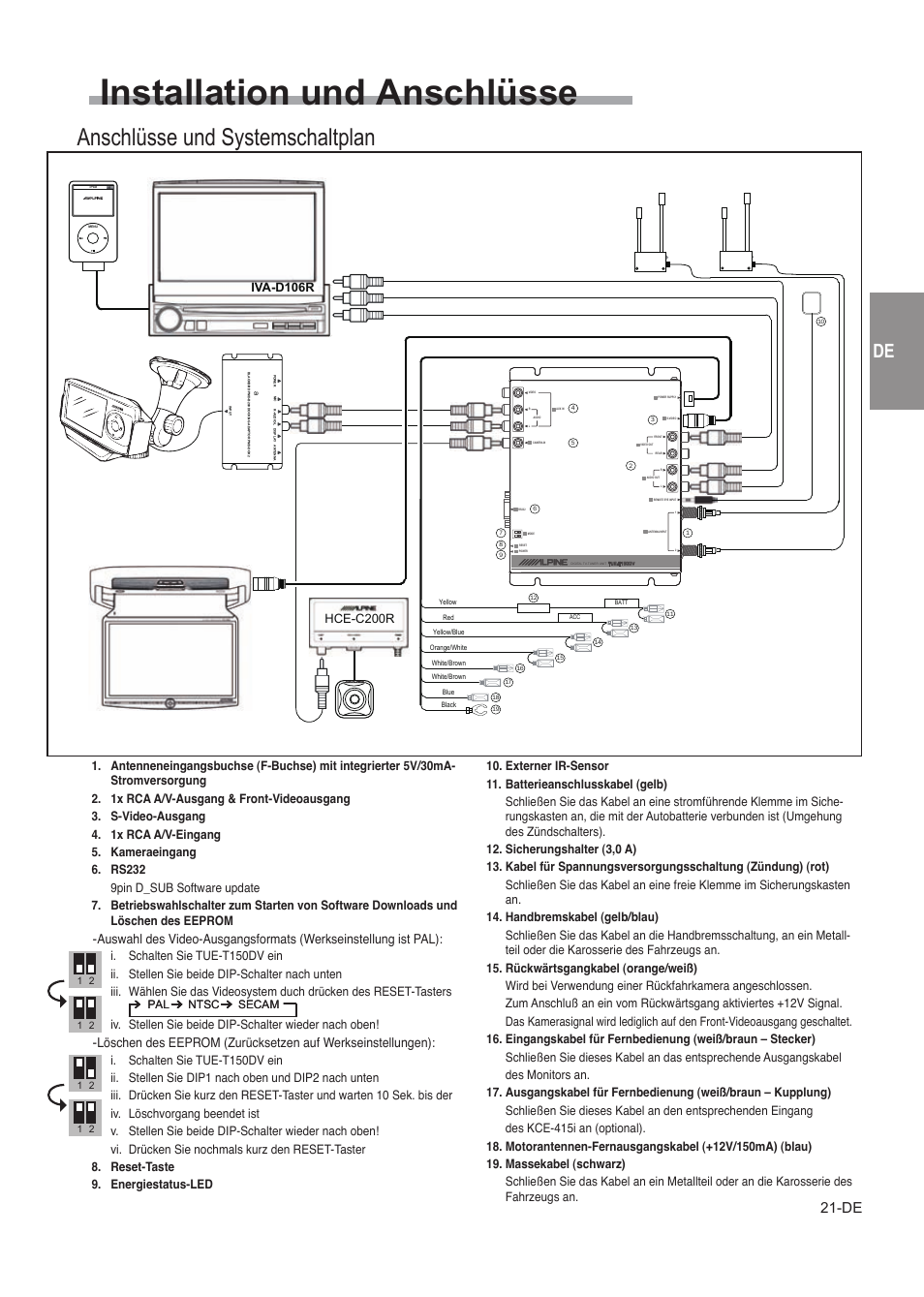 Installation und anschlüsse, Anschlüsse und systemschaltplan, Vorsichtsmaßnahmen | Installation, Iva-d106r, Hce-c200r | Alpine TUE-T150DV User Manual | Page 39 / 140