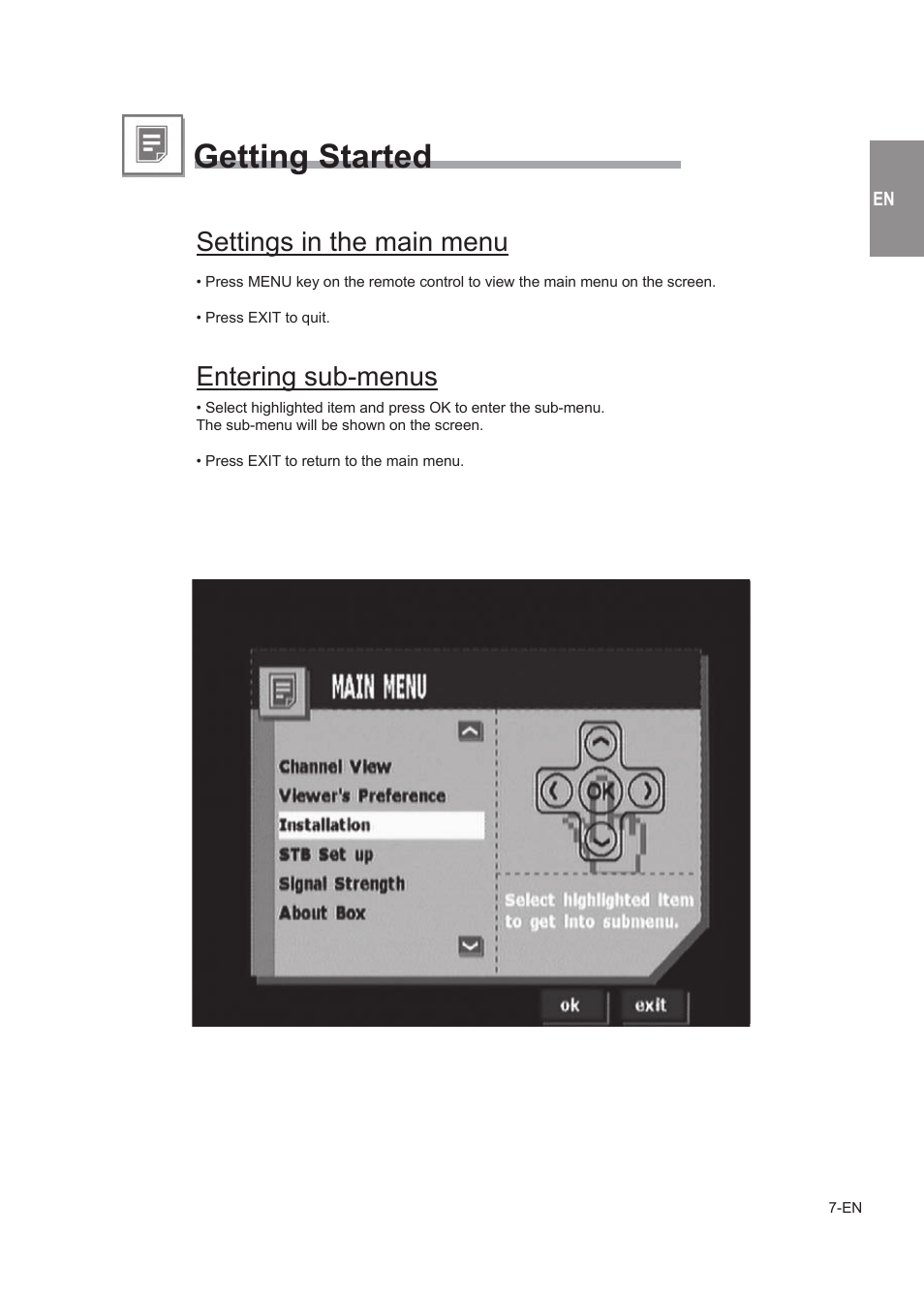 Getting started, Settings in the main menu entering sub-menus, Controls on remote control | Alpine TUE-T150DV User Manual | Page 5 / 140