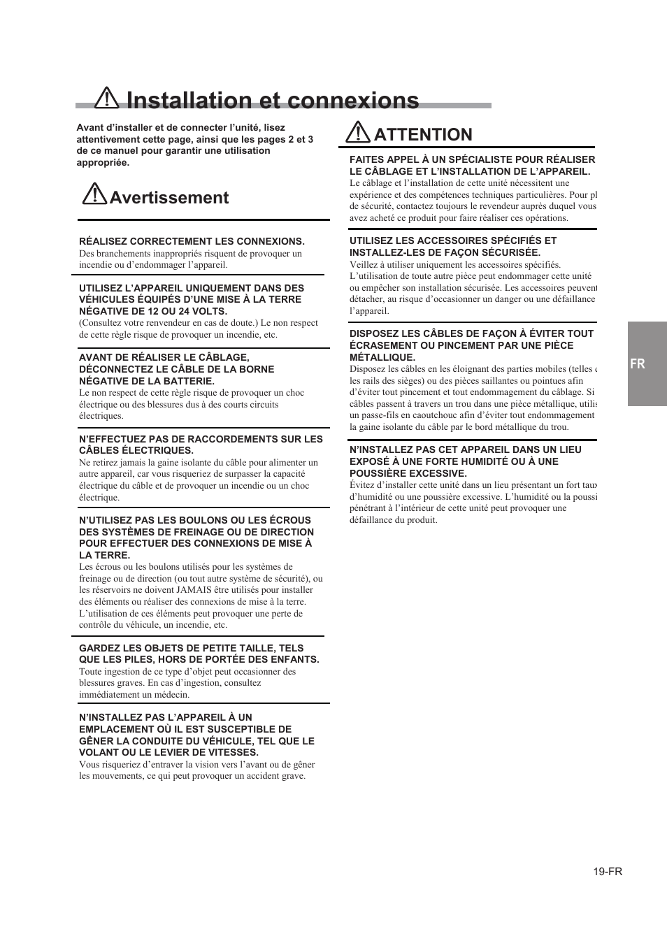 Structure des menus, Installation et connexions, Menu principal | Avertissement, Attention | Alpine TUE-T150DV User Manual | Page 57 / 140