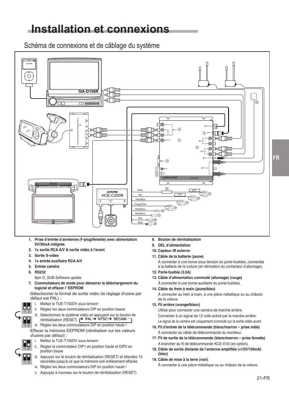 Installation et connexions, Schéma de connexions et de câblage du système, Précautions | Installation, Iva-d106r, Hce-c200r | Alpine TUE-T150DV User Manual | Page 59 / 140