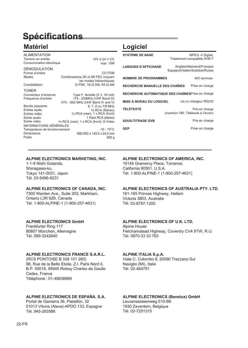 Español, Spécifications, Índice | Instrucciones de funcionamiento, Matériel, Logiciel | Alpine TUE-T150DV User Manual | Page 60 / 140