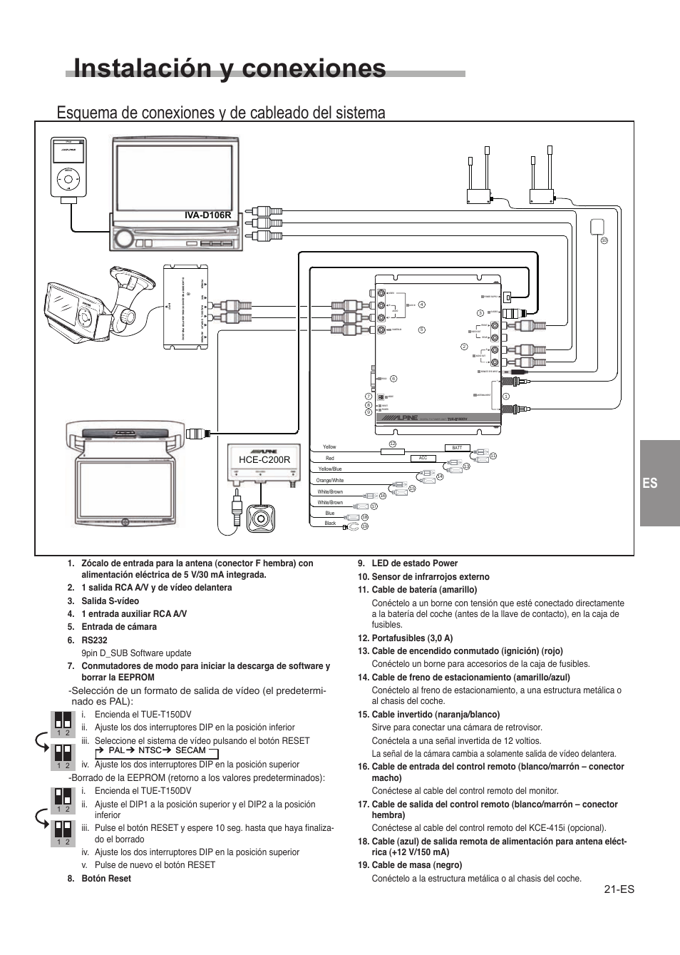 Instalación y conexiones, Esquema de conexiones y de cableado del sistema, Precauciones | Instalación, Iva-d106r, Hce-c200r | Alpine TUE-T150DV User Manual | Page 79 / 140