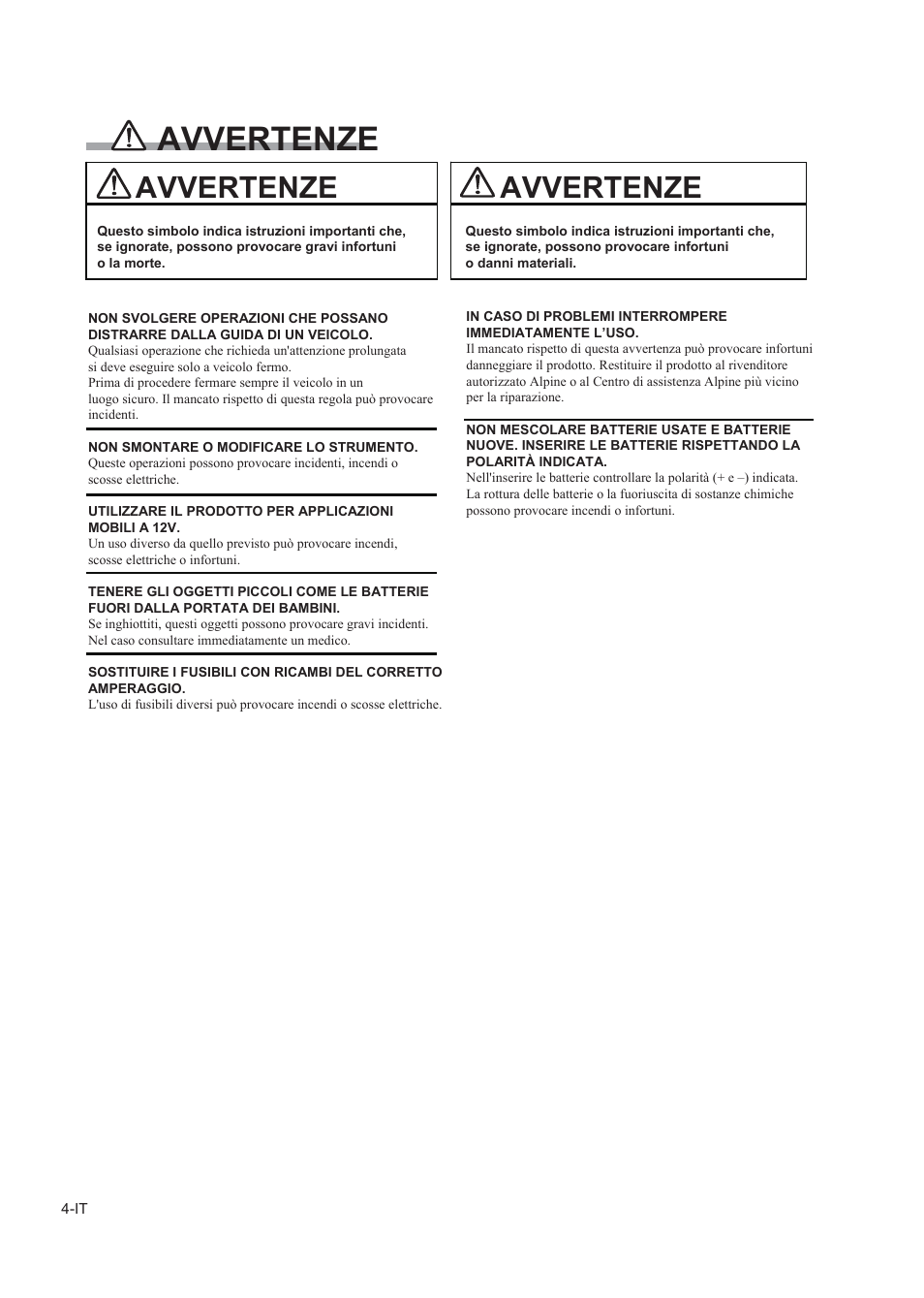 Precauzioni, Sicurezza, Avvertenze | Alpine TUE-T150DV User Manual | Page 82 / 140