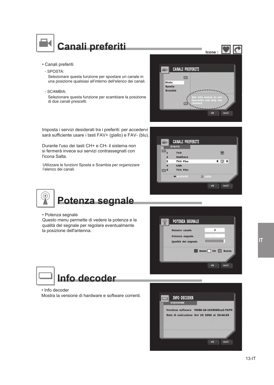 Canali preferiti potenza segnale info decoder, Impostazione decoder | Alpine TUE-T150DV User Manual | Page 91 / 140